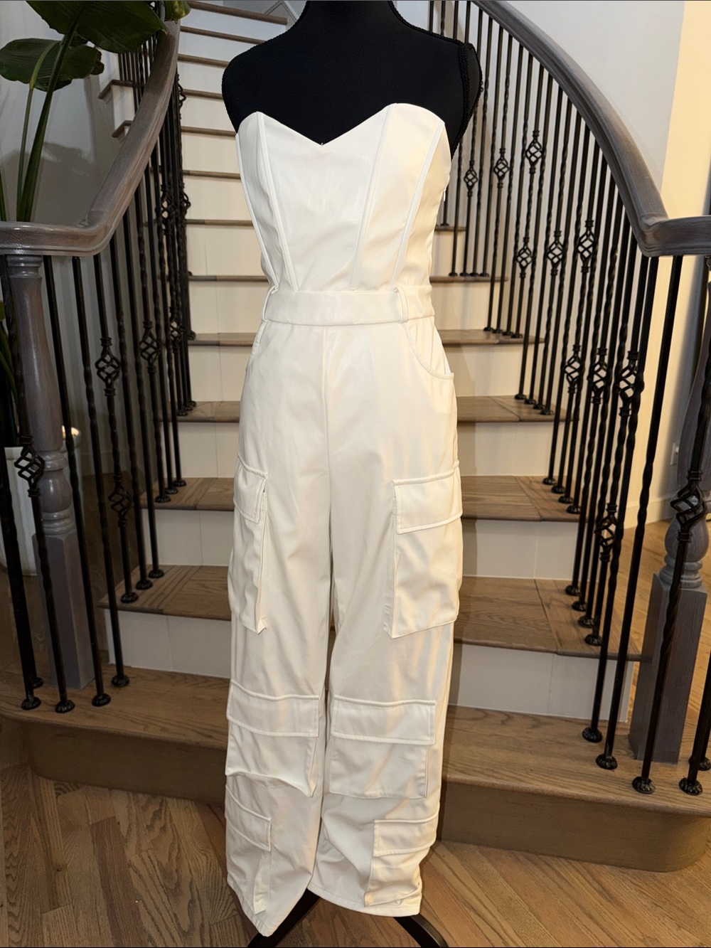 Fashion Nova Pleather Strapless White Cargo Jumpsuit (Medium)